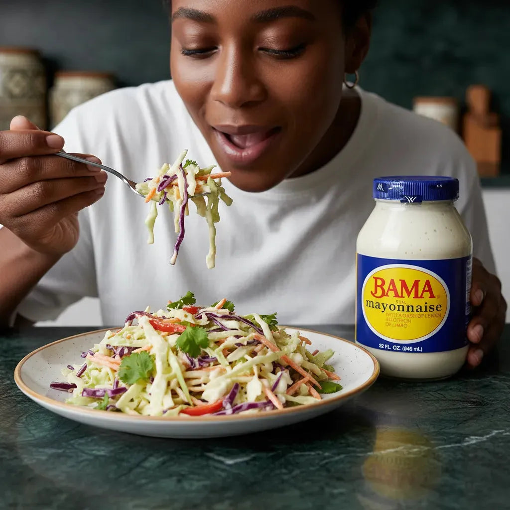 Femme dégustant une salade de chou avec Mayonnaise BAMA, parfaite pour accompagner plats frais et sandwichs maison.
