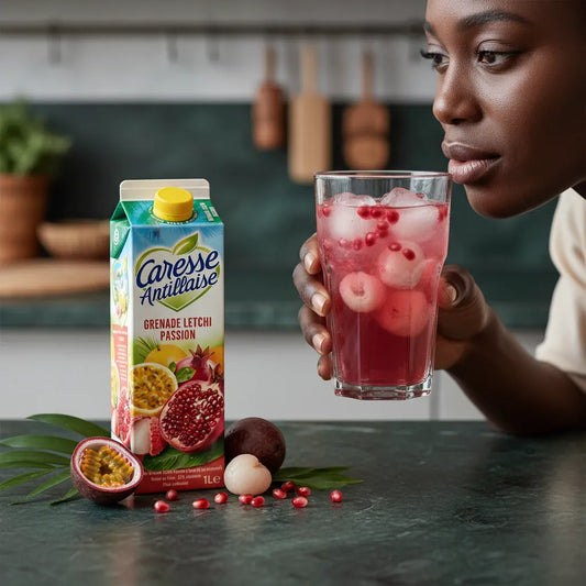 Femme dégustant un verre de nectar Grenade Letchi Passion Caresse Antillaise avec glaçons, boisson fruitée rafraîchissante et exotique.