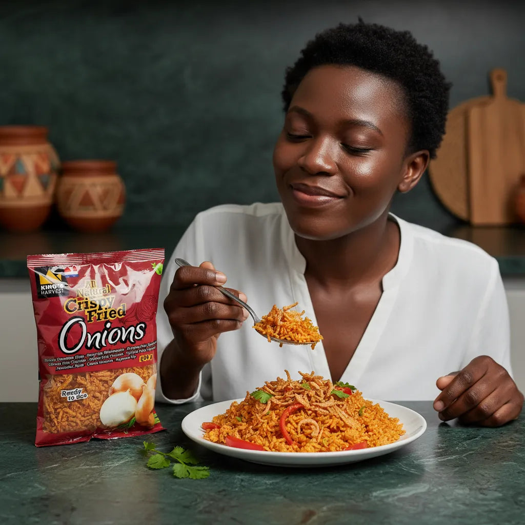 Femme dégustant un plat de riz garni d'oignons frits King's Harvest, parfait pour ajouter une touche croustillante aux recettes maison.
