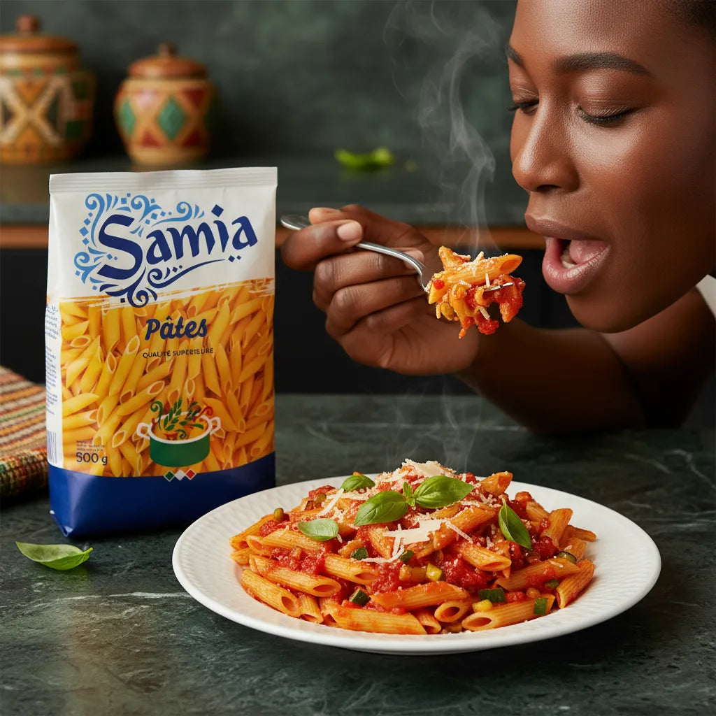 Femme dégustant des pâtes Penne Rigate SAMIA avec sauce tomate, mettant en valeur leur texture al dente et leur capacité à retenir les sauces.