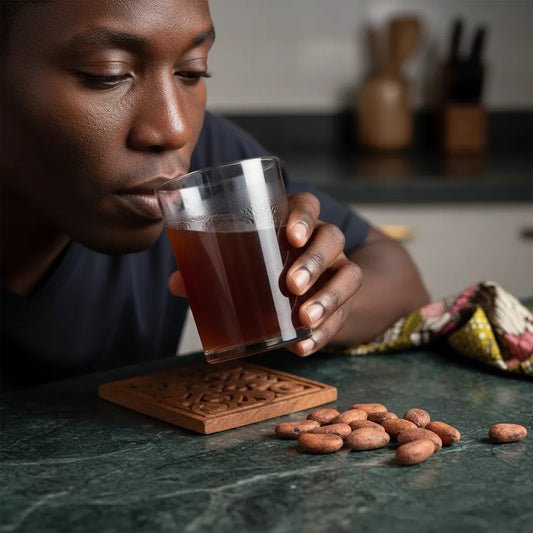 Homme dégustant une boisson infusée au petit cola, illustrant l’usage culinaire de cette noix stimulante au goût distinctif.