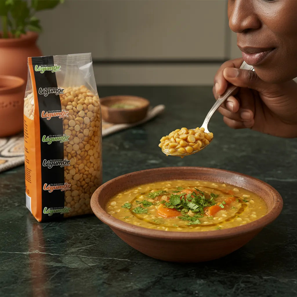 Pois cassé jaune LEGUMOR servi en soupe maison, légumineuse sèche savoureuse pour recettes réconfortantes et riches en protéines.