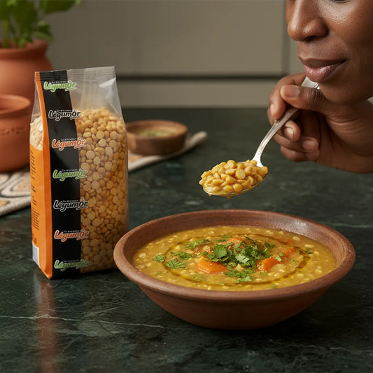 Pois cassé jaune LEGUMOR servi en soupe maison, légumineuse sèche savoureuse pour recettes réconfortantes et riches en protéines.