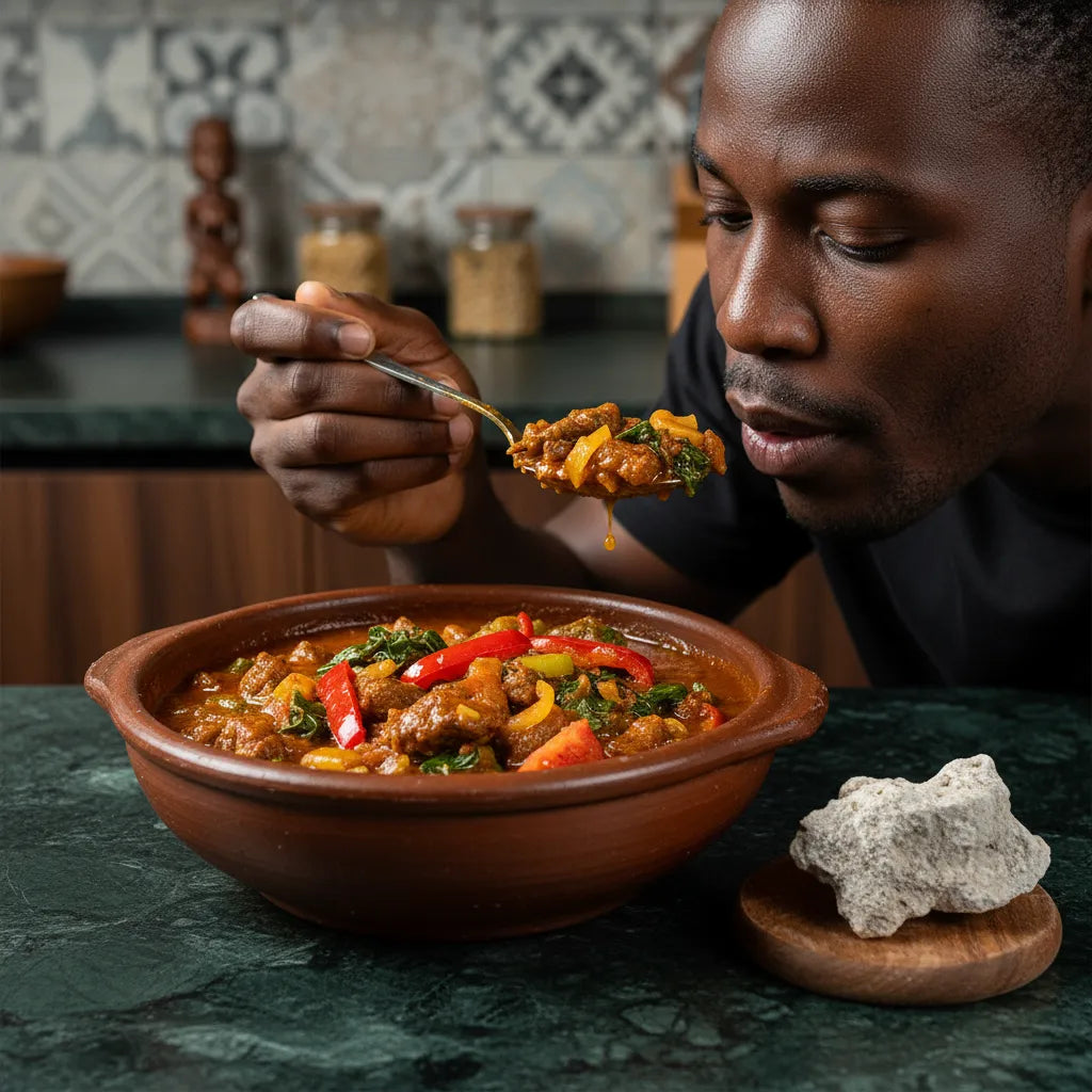 Homme dégustant un plat traditionnel africain préparé avec de la potasse, ingrédient essentiel pour recettes riches en saveurs et textures.