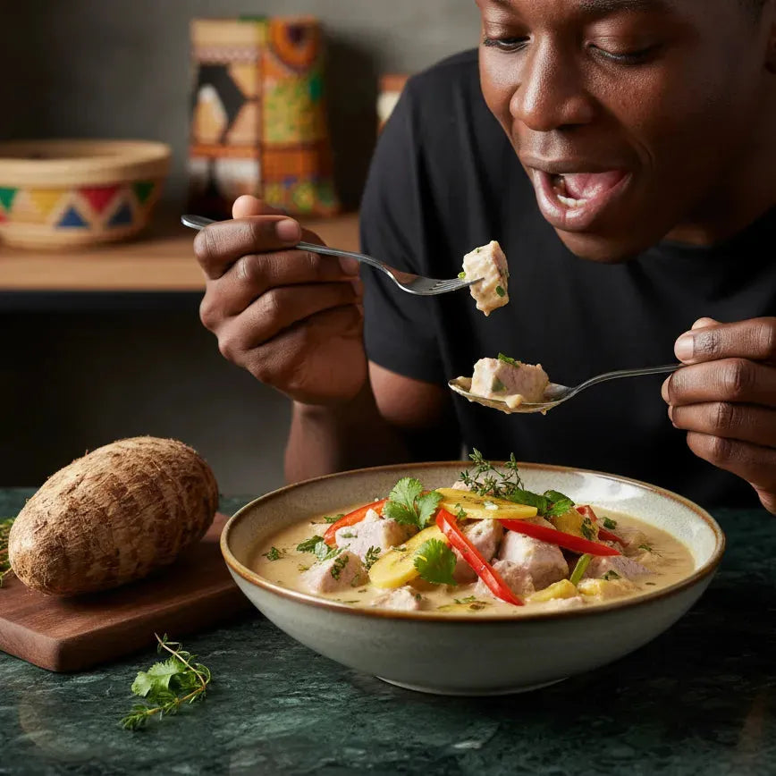 Homme dégustant un plat crémeux à base de taro, accompagné de légumes colorés. Taro - Tubercule Taro | Nutritif et Polyvalent.