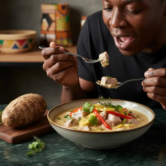 Homme dégustant un plat crémeux à base de taro, accompagné de légumes colorés. Taro - Tubercule Taro | Nutritif et Polyvalent.