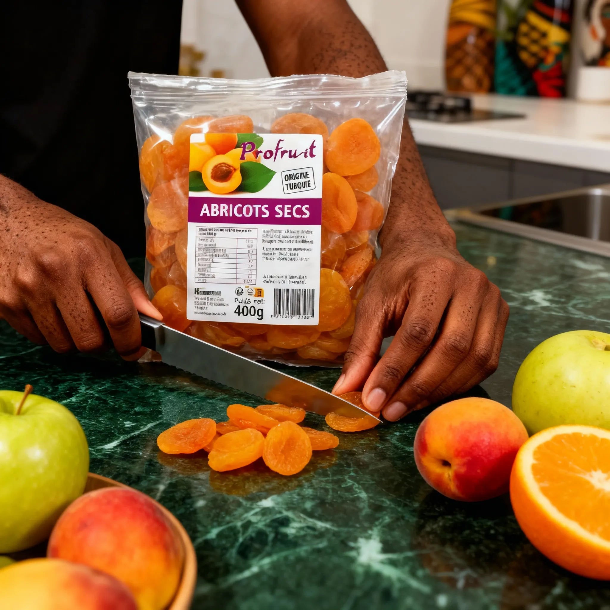 Abricots secs PROFRUIT tranchés sur planche verte dans cuisine moderne, collation naturelle et moelleuse pour préparation culinaire.