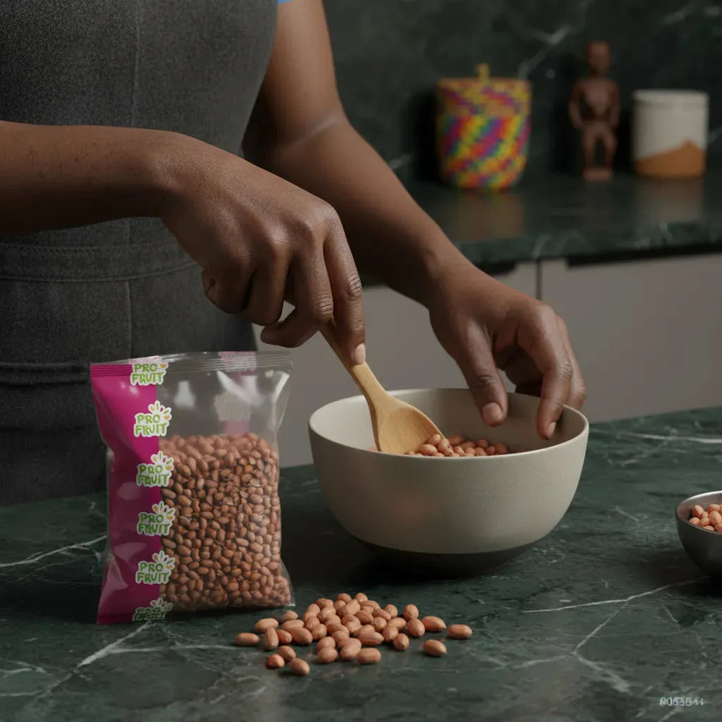 Préparation culinaire avec arachides crues PROFRUIT versées dans un bol, parfaites pour intégrer aux plats faits maison ou salades.