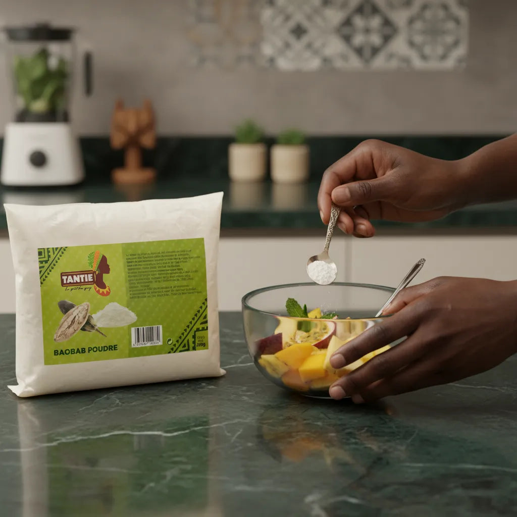Main ajoutant la poudre de baobab TANTIE dans une salade de fruits frais, super-aliment naturel pour recettes vitaminées et équilibrées.