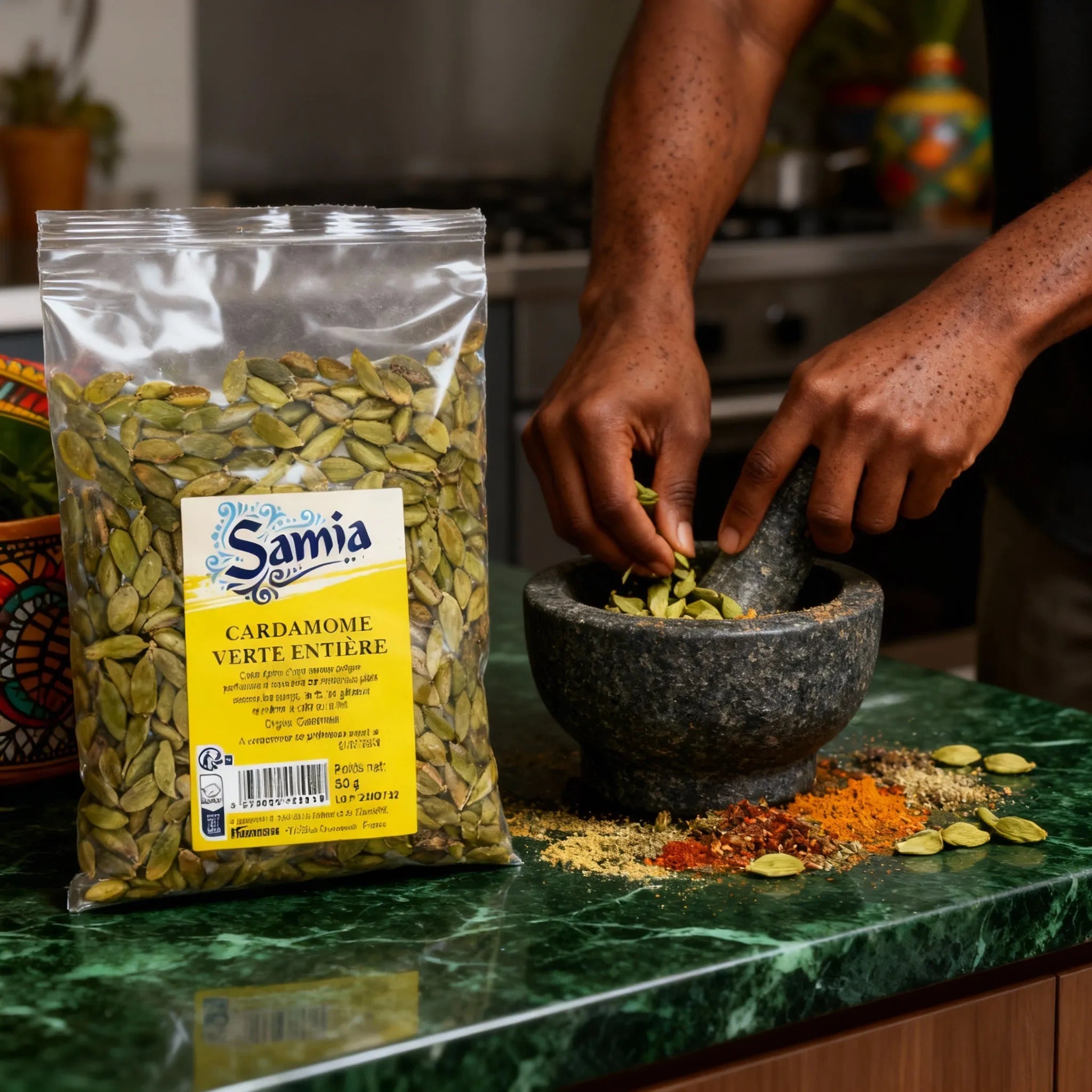 Préparation culinaire avec cardamome verte entière SAMIA - Bio, utilisée dans un mortier. Épice aromatique idéale pour recettes maison.