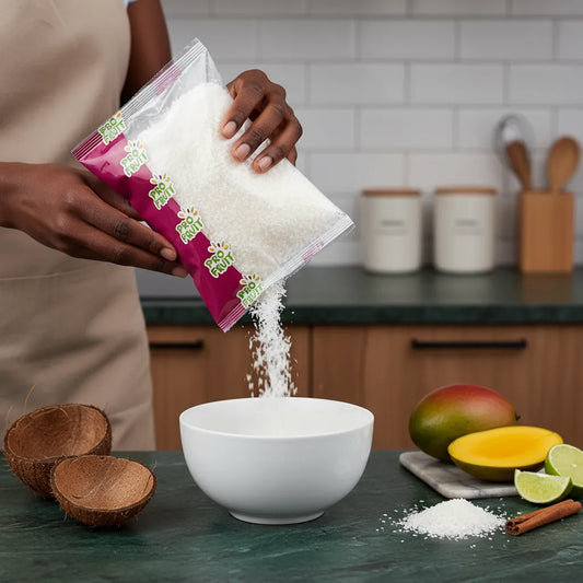 Coco râpée PROFRUIT versée dans un bol blanc, parfaite pour la cuisine exotique avec mangue, citron vert et noix de coco fraîche en arrière-plan.