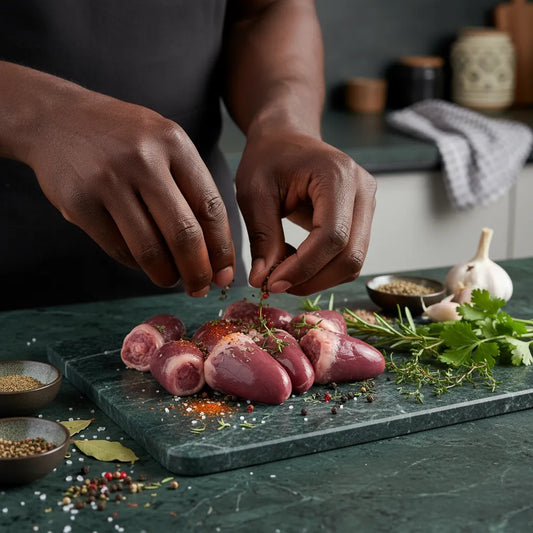 Préparation culinaire de cœurs de dinde halal surgelés, assaisonnés avec épices et herbes fraîches sur planche de cuisine.