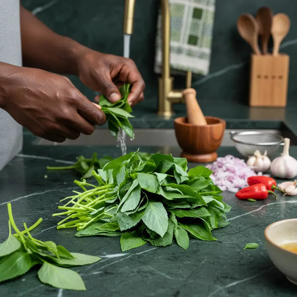 Préparation culinaire avec feuille de jute comestible Lalo Ademe, légume-feuille frais utilisé dans les plats africains maison.