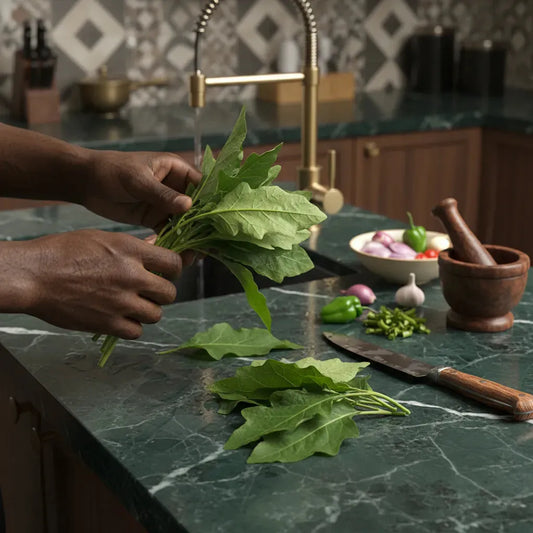 Préparation culinaire avec des feuilles d'aubergine africaines fraîches sur un plan de travail, prêtes à être cuisinées.