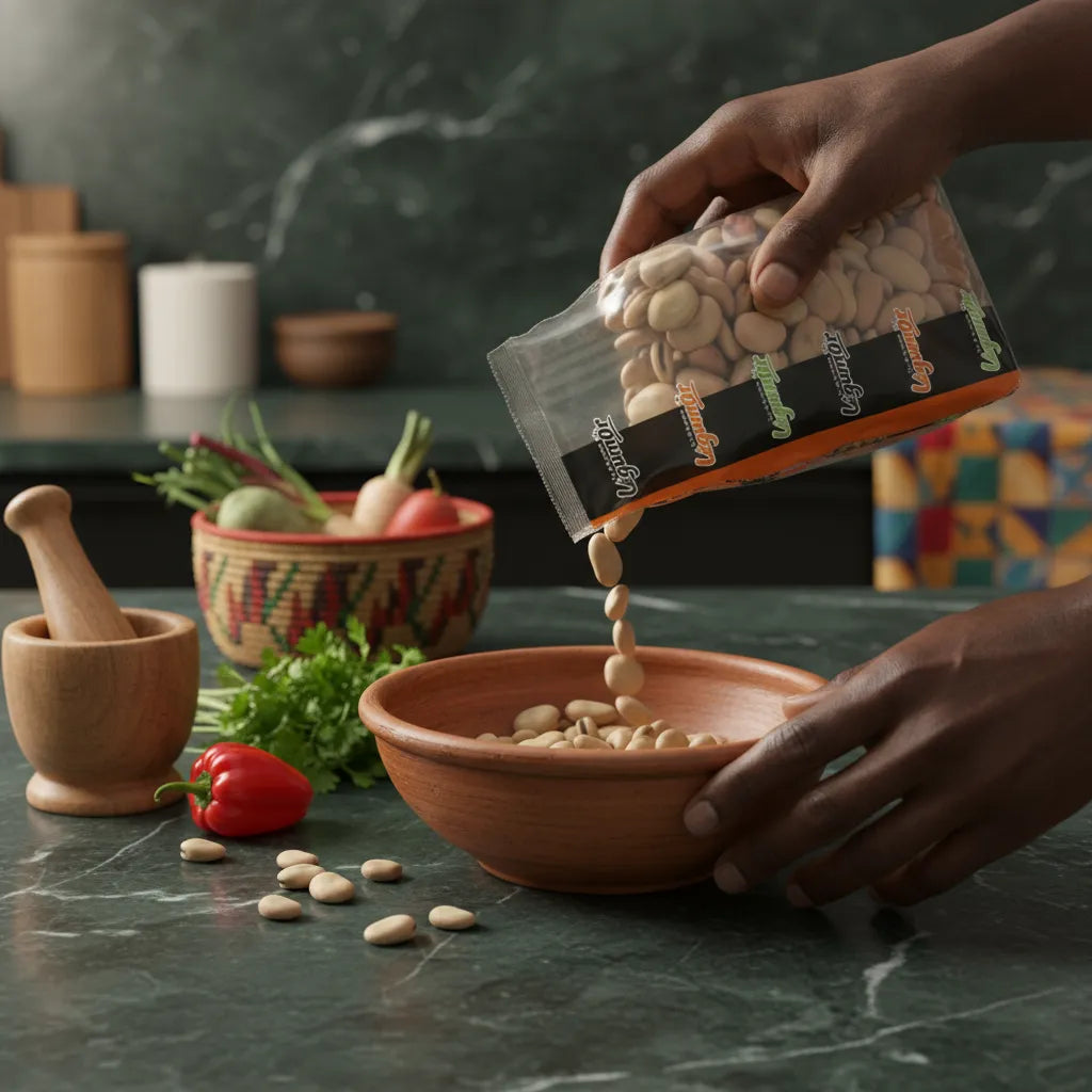 Fevettes surgelées LEGUMOR versées dans un bol en bois, parfaites pour plats maison sains et riches en nutriments.