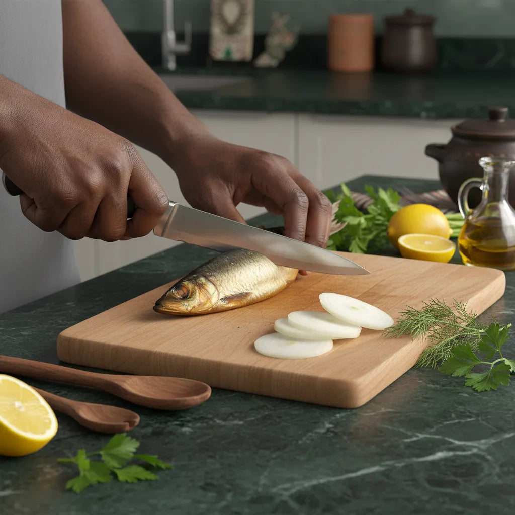Préparation du hareng fumé salé sur planche en bois avec oignons frais. Poisson savoureux à la texture ferme, parfait pour des plats authentiques.