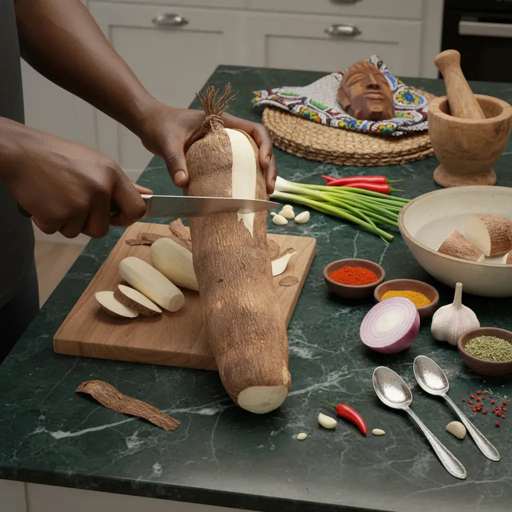 Préparation d’un igname frais sur planche à découper, montrant sa chair blanche riche en nutriments et fibres alimentaires.