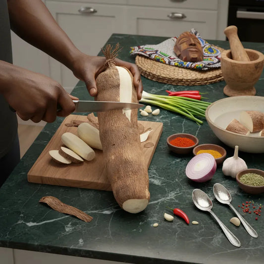 Préparation d’un igname frais sur planche à découper, montrant sa chair blanche riche en nutriments et fibres alimentaires.