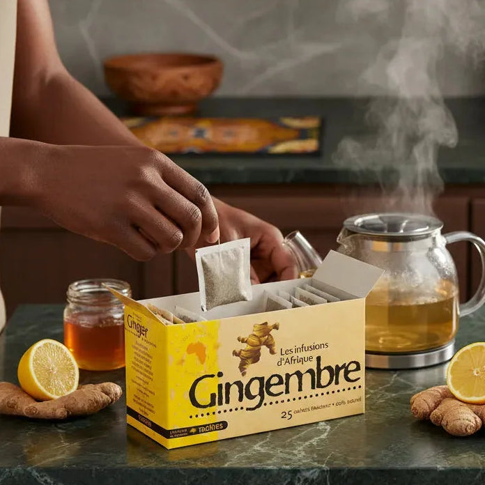 Préparation d'une infusion gingembre Afrique RACINES avec sachet fraîcheur, citron et miel. Boisson chaude aux vertus tonifiantes.