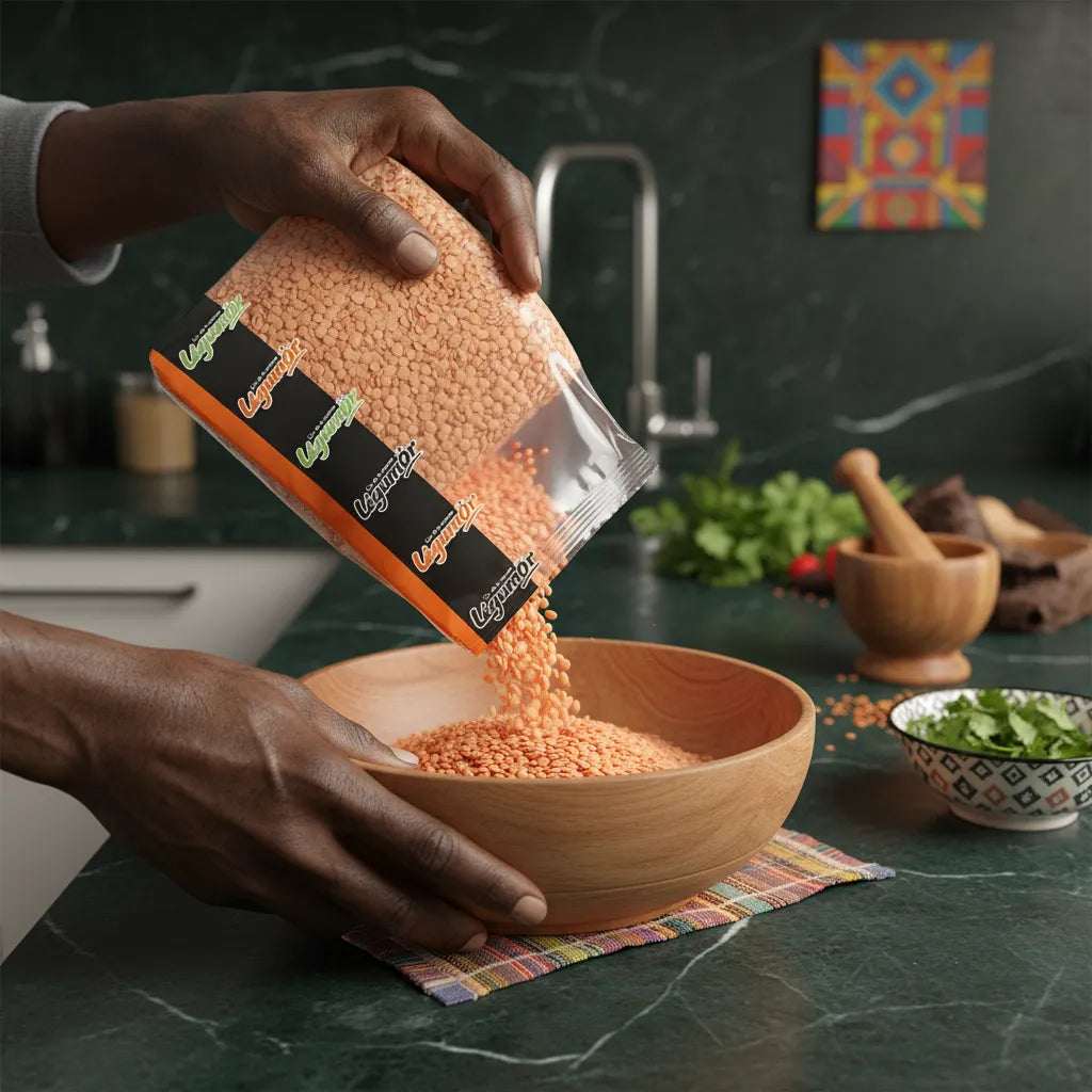 Main versant des lentilles corail décortiquées LEGUMOR dans un bol en bois, parfaites pour plats sains et cuisson rapide en épicerie salée.