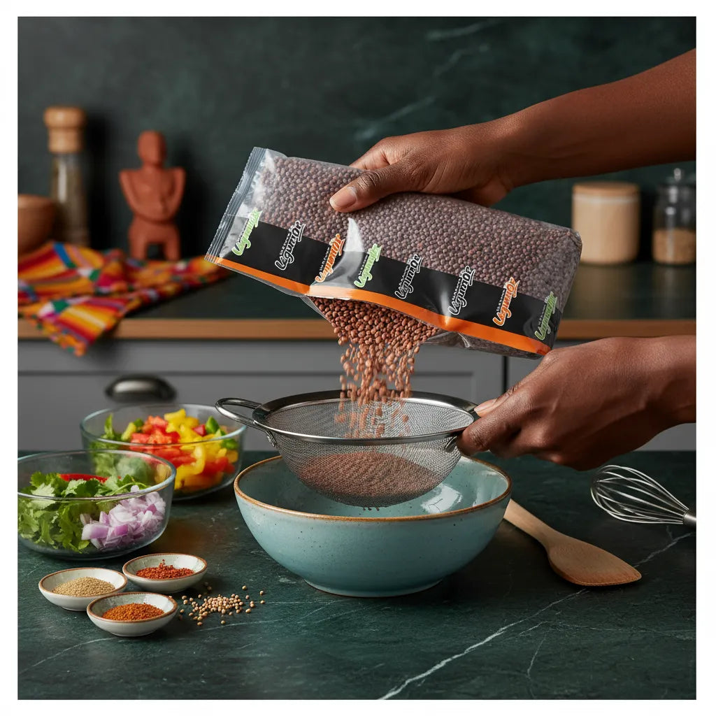 Lentilles rouges entières LEGUMOR versées dans une passoire au-dessus d’un bol, préparation culinaire en cours. Produit sec pour soupes et plats mijotés.