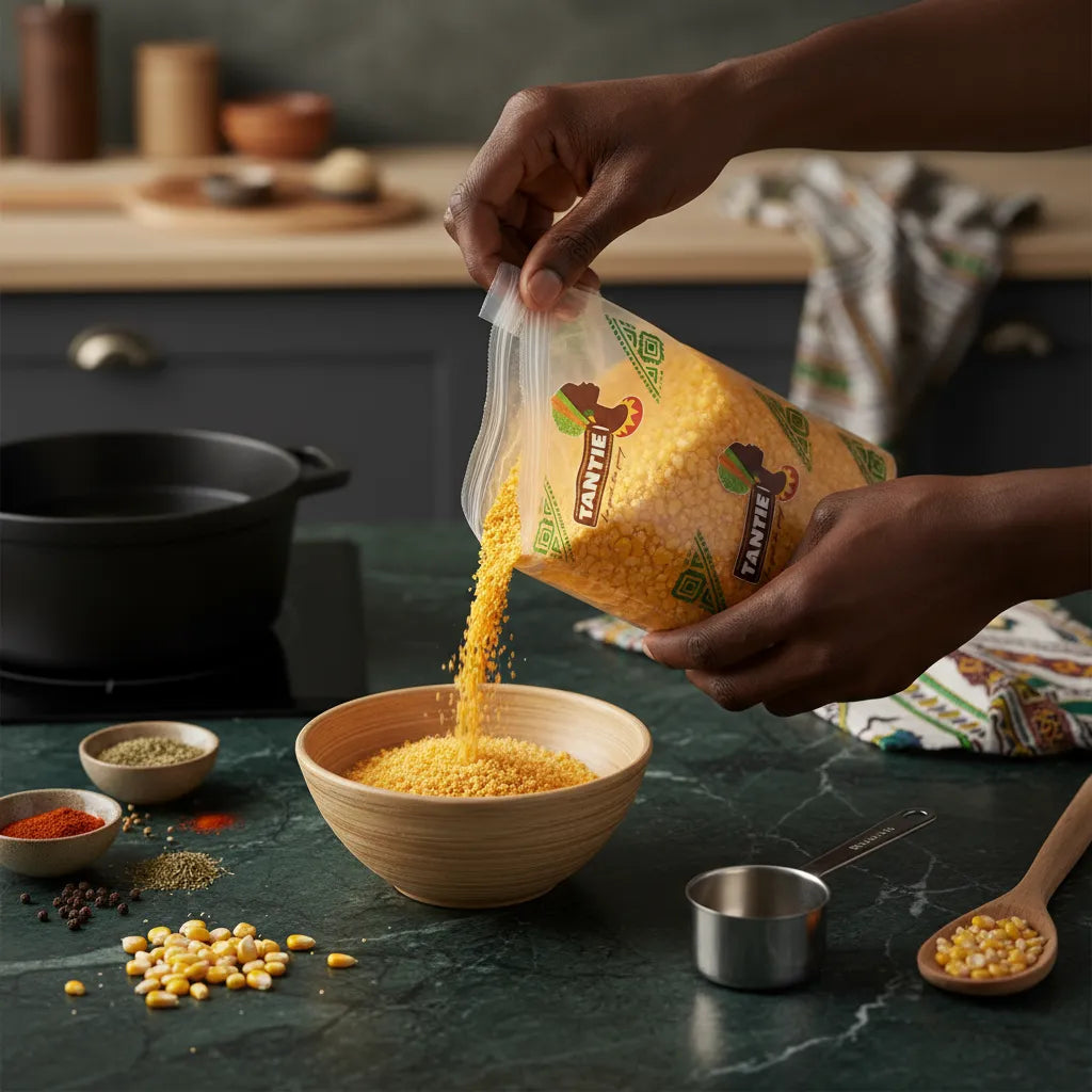 Versement du maïs broyé Haïti TANTIE dans un bol, ingrédient authentique et polyvalent pour recettes traditionnelles haïtiennes.