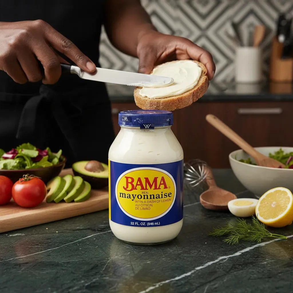 Tartinage de Mayonnaise BAMA sur pain grillé dans une cuisine moderne, condiment crémeux pour recettes variées.