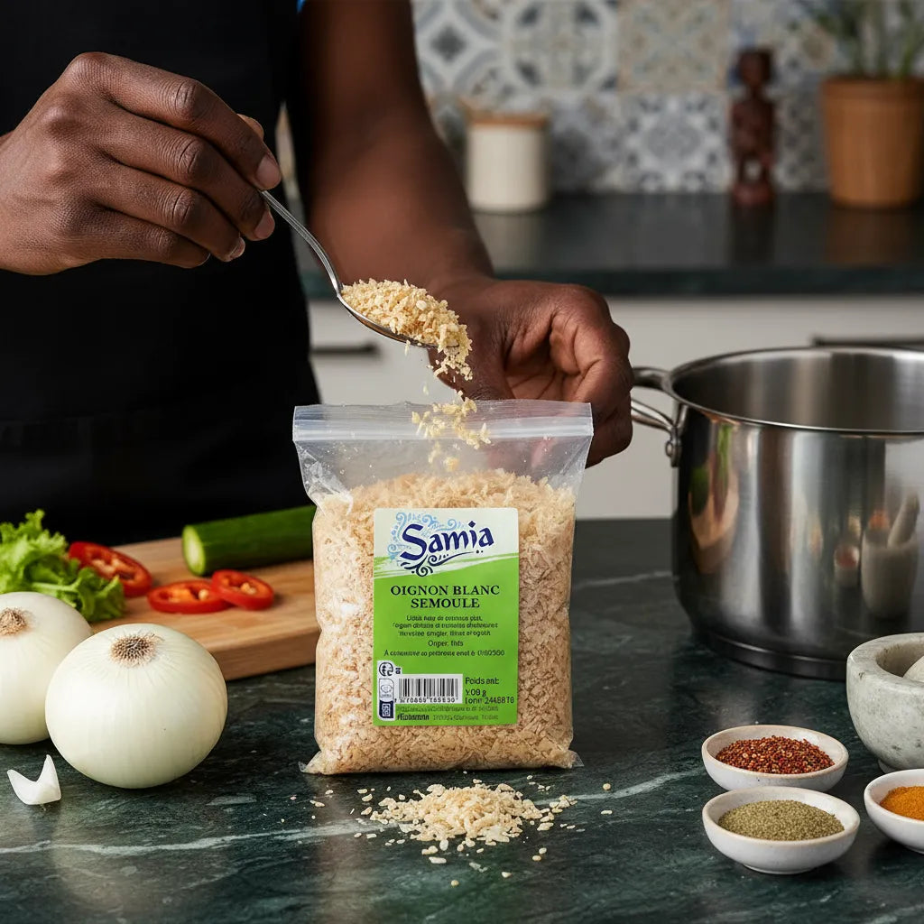 Cuistot versant la semoule d'oignon blanc SAMIA dans une casserole, idéale pour assaisonner soupes, sauces et plats mijotés.