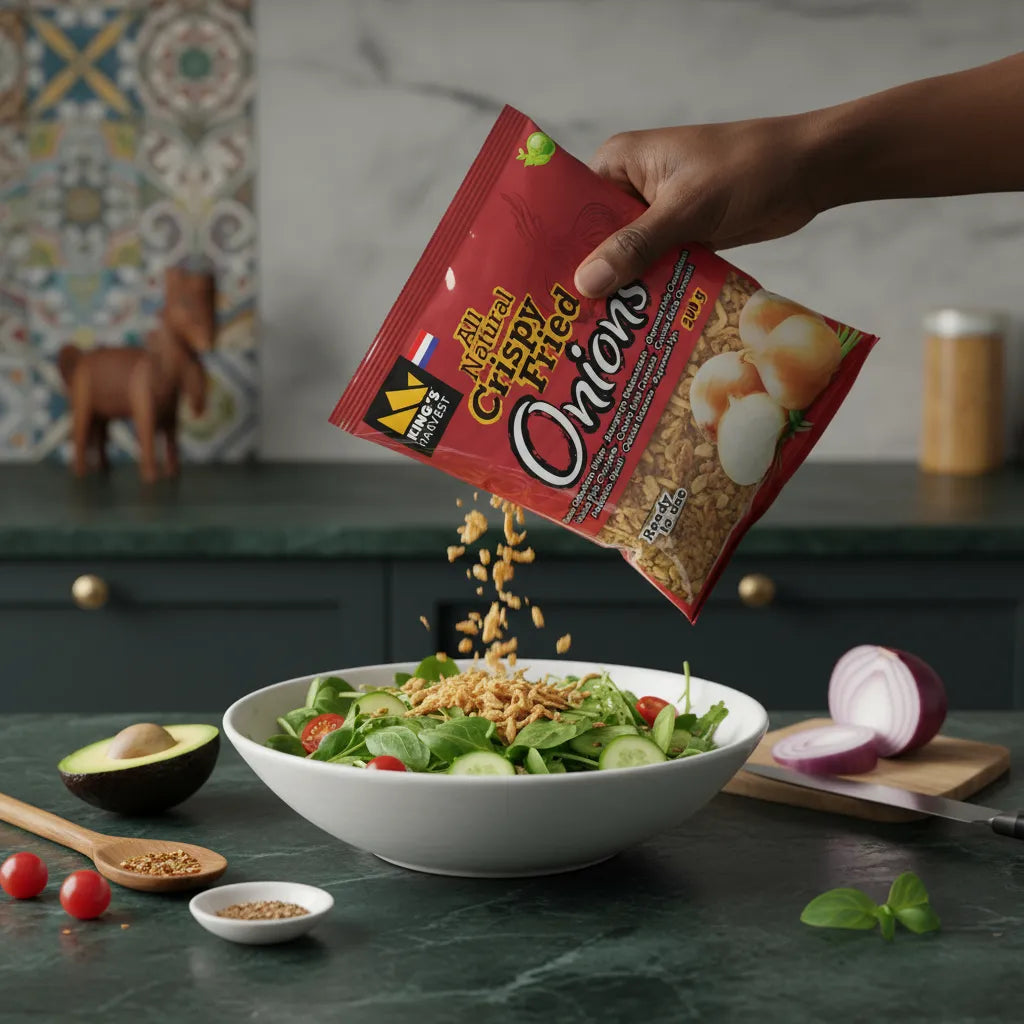 Main versant des oignons frits King's Harvest sur une salade verte, ajoutant une texture croustillante et savoureuse à vos plats.