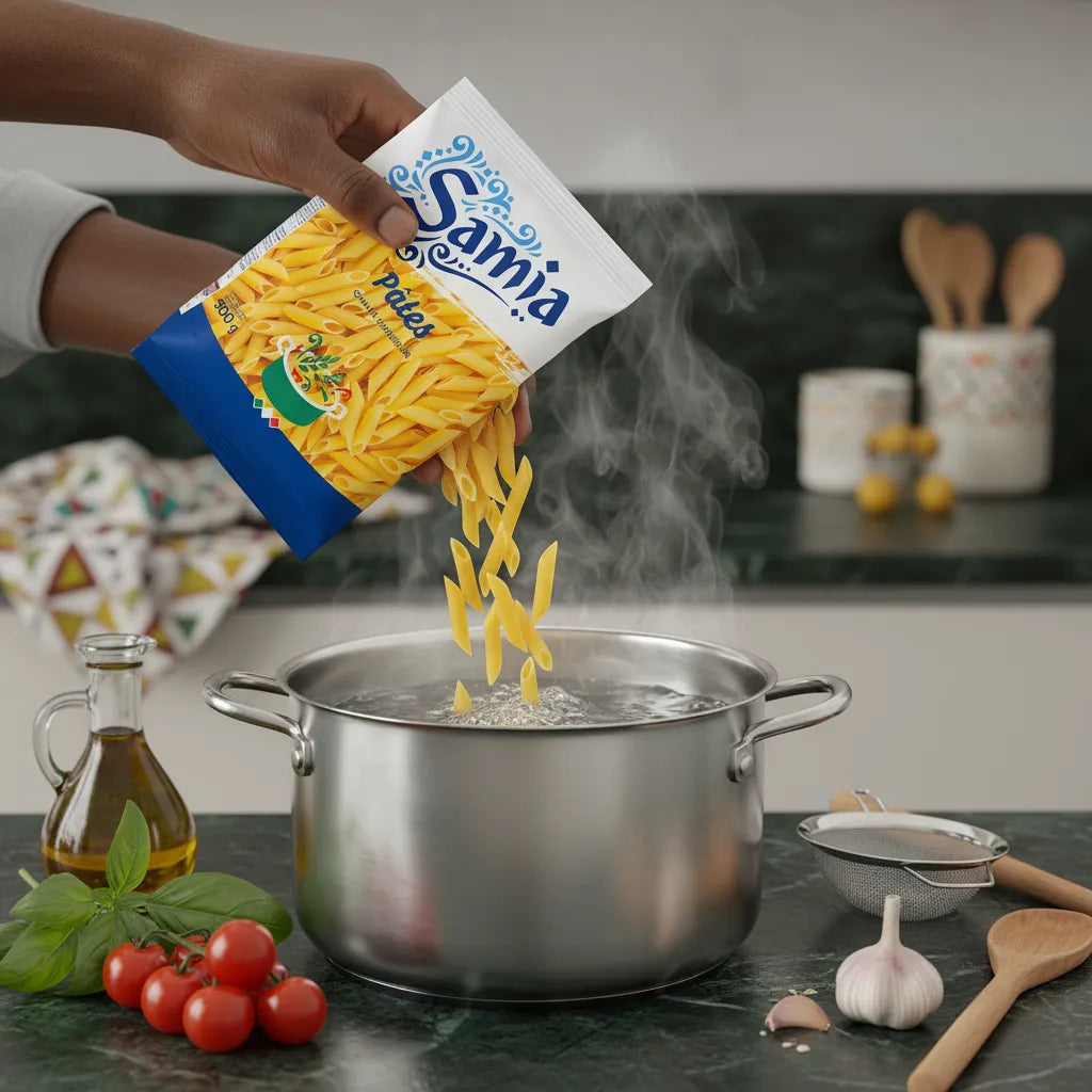 Versement de pâtes Penne Rigate SAMIA dans une casserole d'eau bouillante, illustrant leur préparation facile et leur texture al dente.