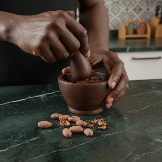 Préparation de noix de petit cola dans un mortier en bois, étape clé pour libérer ses arômes et propriétés toniques.