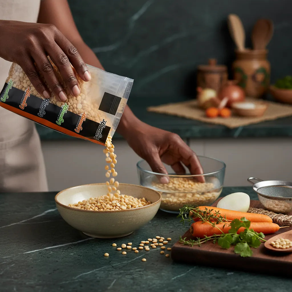 Préparation culinaire avec pois cassé jaune LEGUMOR, légumineuse sèche versée dans un bol pour cuisine saine et équilibrée.