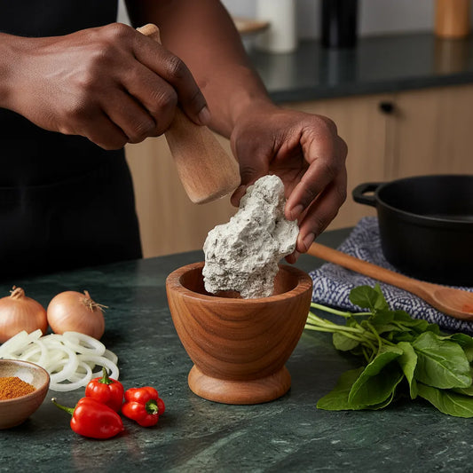 Préparation culinaire avec potasse broyée dans un mortier, ingrédient clé pour recettes traditionnelles en épicerie salée.