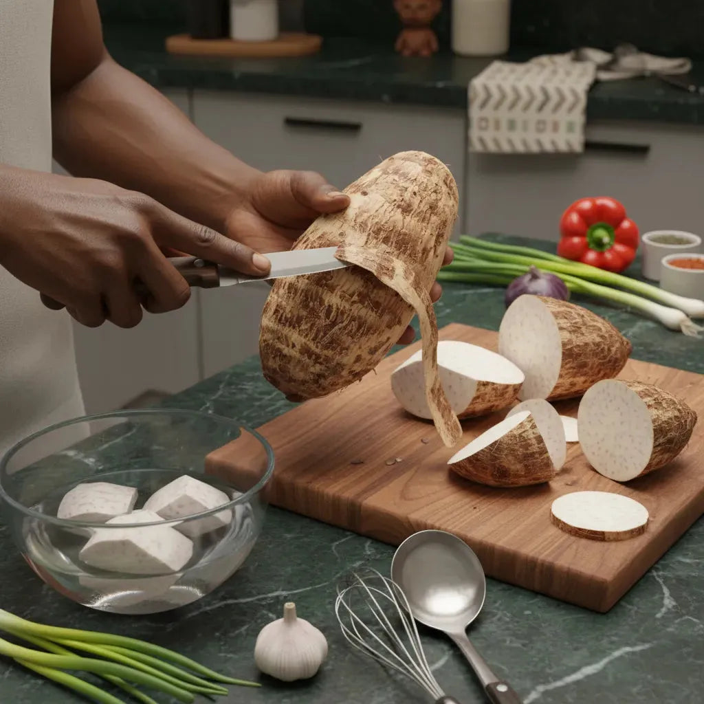 Préparation du taro frais : épluchage et découpe en tranches. Tubercule nutritif prêt à être cuisiné de multiples façons.