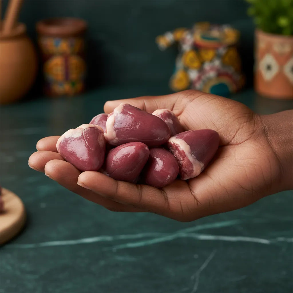 Main tenant plusieurs cœurs de dinde halal crus, texture brillante et fraîche, parfaits pour cuisson maison.