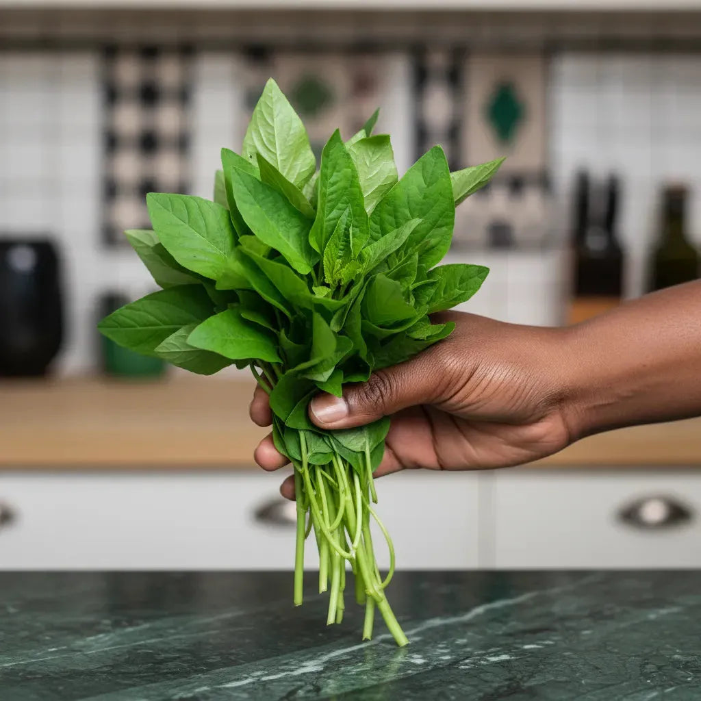 Bouquet de feuille de jute Lalo Ademe tenu à la main, légume-feuille frais pour cuisine africaine, riche en vitamines et minéraux.