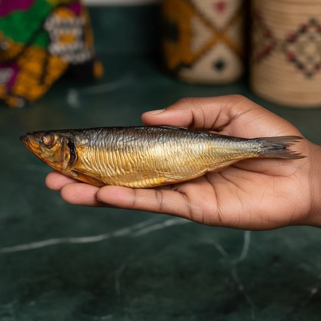 Hareng fumé salé tenu dans la main, montrant sa taille et sa texture dorée. Poisson riche en goût, prêt à être cuisiné ou dégusté.