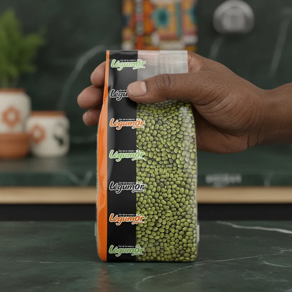 Main tenant un sachet de haricots mungo LEGUMOR, produit d'épicerie salée riche en protéines, idéal pour une alimentation équilibrée.