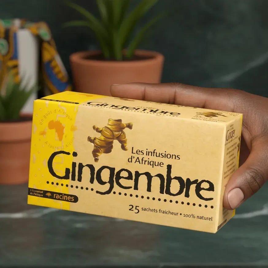 Main tenant une boîte d'infusion gingembre Afrique RACINES. Produit naturel aux saveurs épicées pour une pause bien-être.