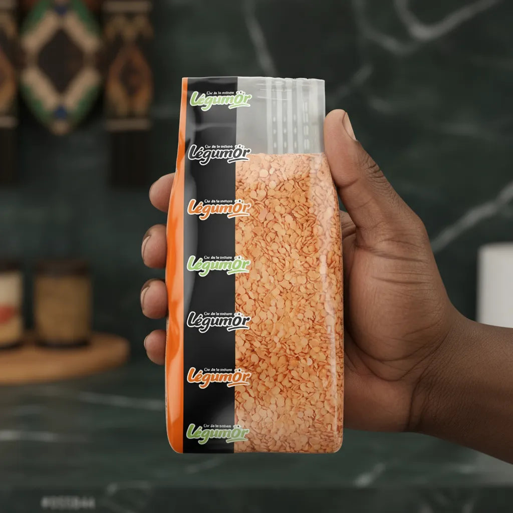 Main tenant un sachet de lentilles corail LEGUMOR, emballage pratique et transparent pour une cuisine rapide et nutritive au quotidien.
