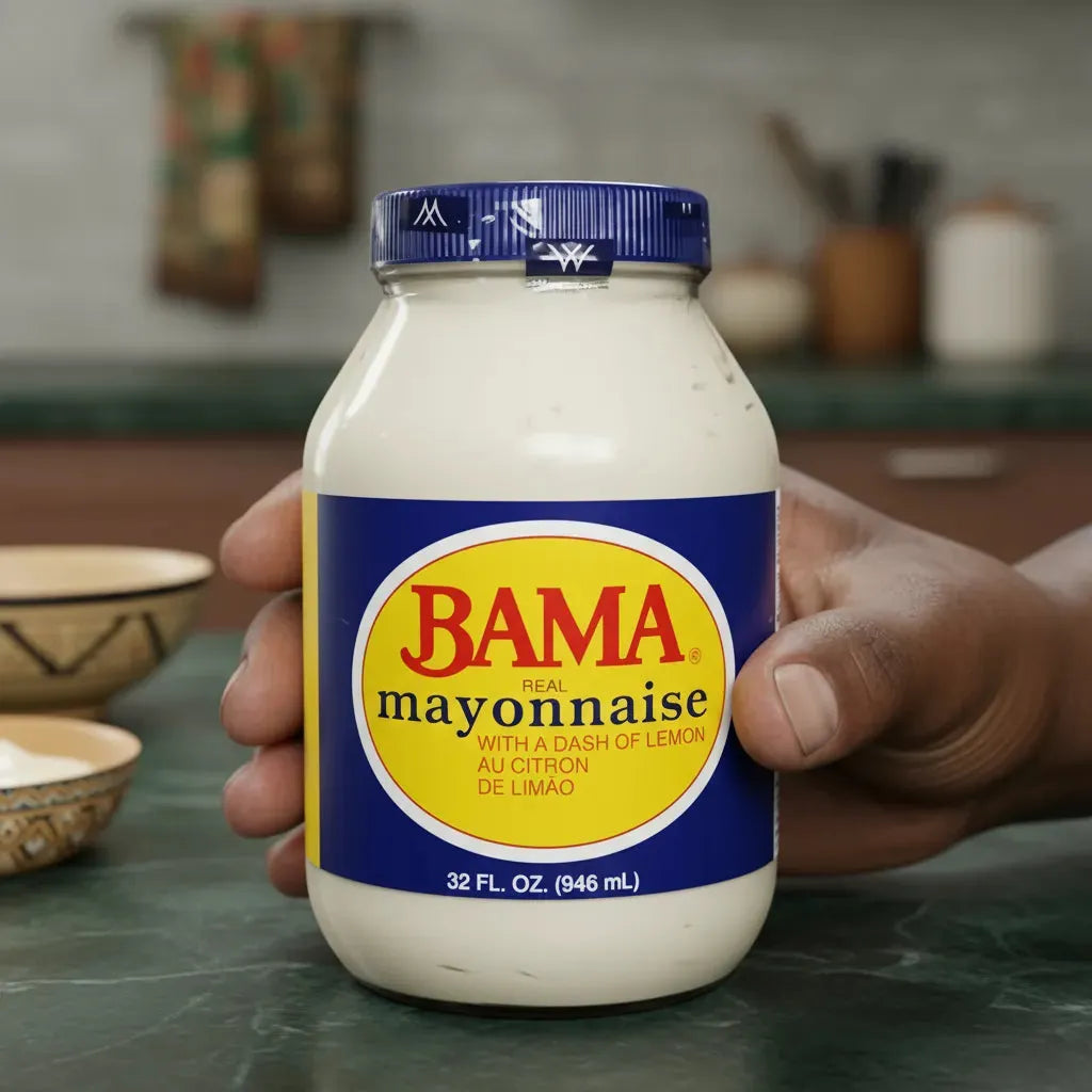 Main tenant un pot de Mayonnaise BAMA 946 ml, condiment onctueux au citron pour l'épicerie salée et les plats du quotidien.