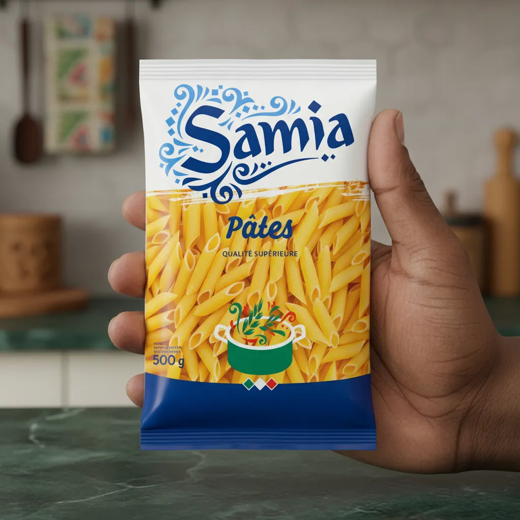 Main tenant un sachet de pâtes Penne Rigate SAMIA 500g, produit d'épicerie salée à base de semoule de blé dur pour une cuisson parfaite.