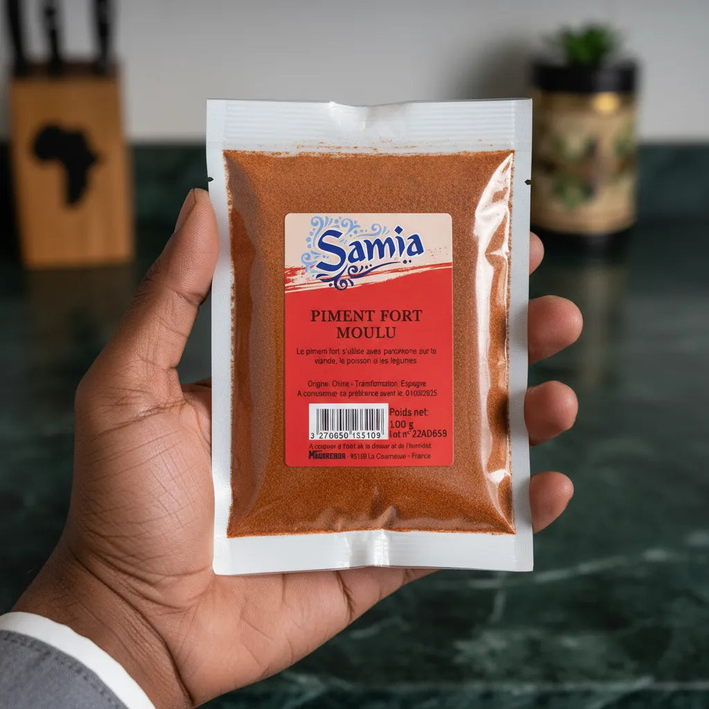 Sachet de piment fort moulu SAMIA tenu en main, idéal pour sauces et plats épicés, incontournable en épicerie salée authentique.