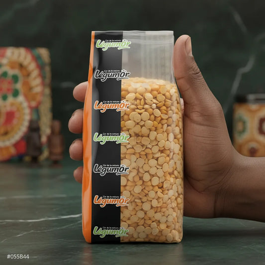 Gros plan sur l'emballage de pois cassé jaune LEGUMOR, légumineuse sèche pratique pour l'épicerie salée et la conservation longue durée.
