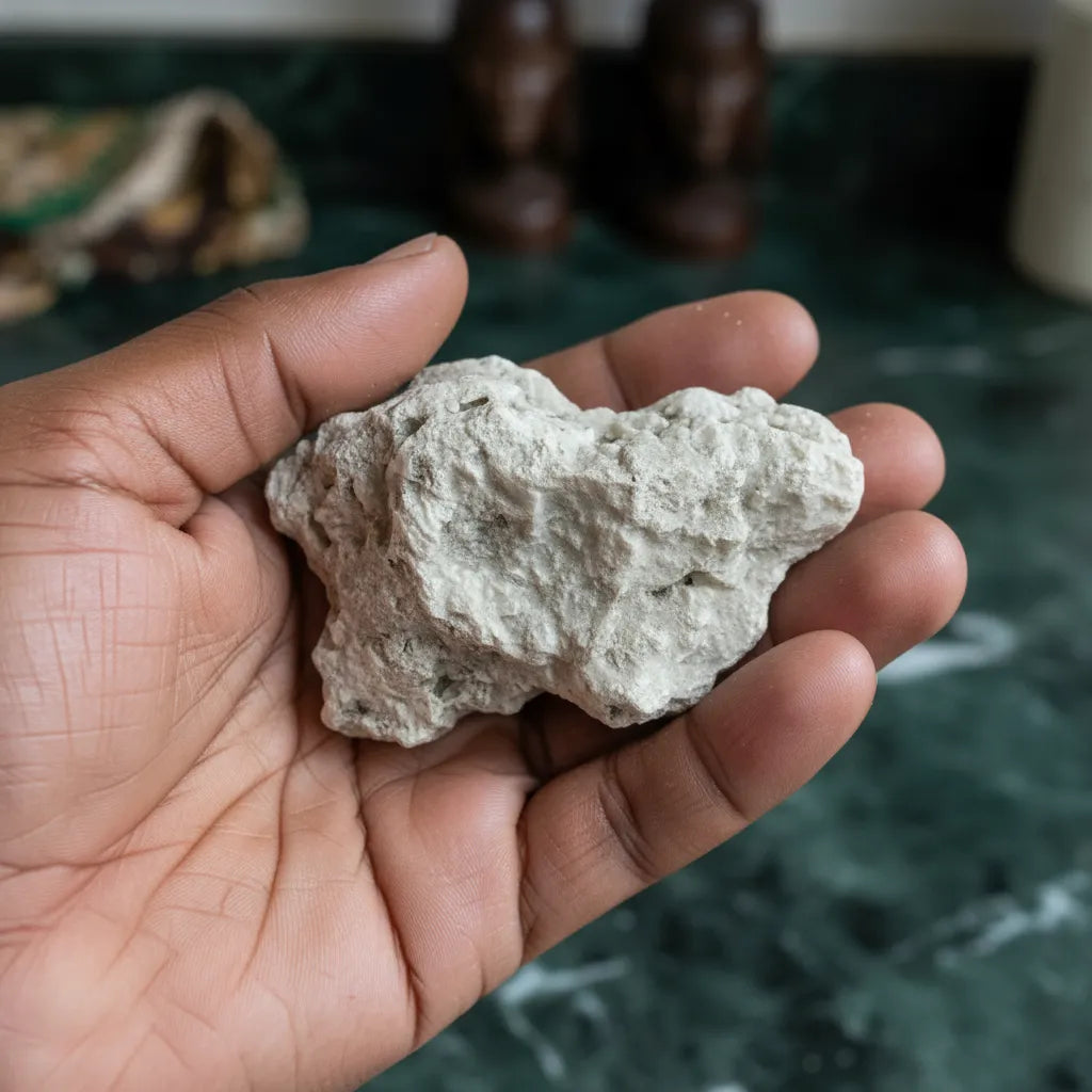 Potasse tenue à la main, ingrédient traditionnel pour sublimer les plats africains avec texture unique, idéal en épicerie salée.