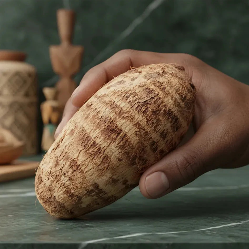 Main tenant un taro frais, montrant sa texture fibreuse. Produit végétal riche en nutriments pour cuisine saine et savoureuse.