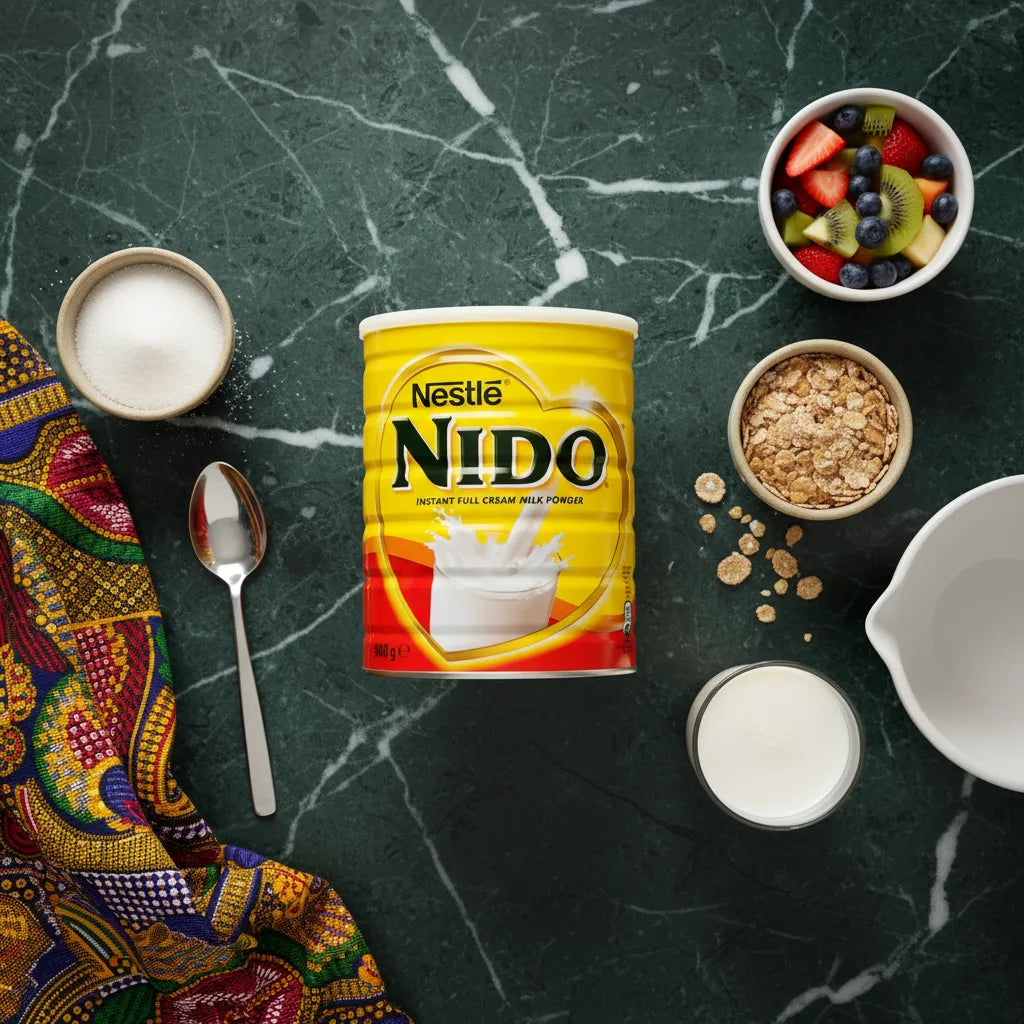 Lait en poudre NIDO entouré d’ingrédients de petit-déjeuner, parfait pour enrichir les céréales avec calcium et protéines.