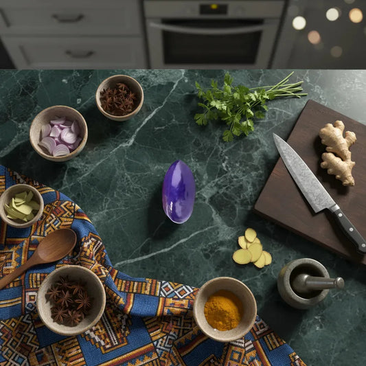 Safou posé sur un plan de travail avec épices et herbes fraîches, parfait pour des recettes africaines riches en saveurs et en arômes.