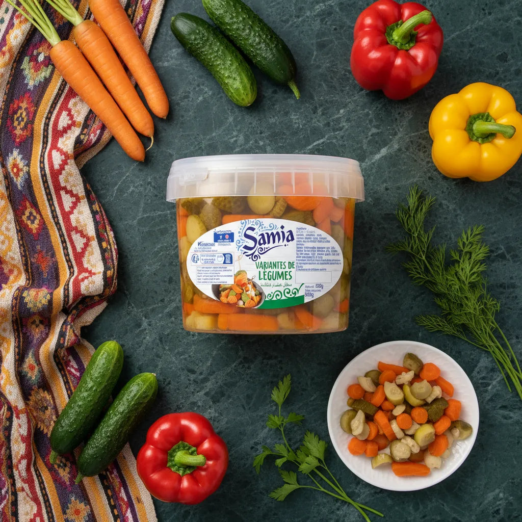 Bocal de variantes de légumes SAMIA entouré de légumes frais, parfait pour recettes maison ou accompagnements savoureux.