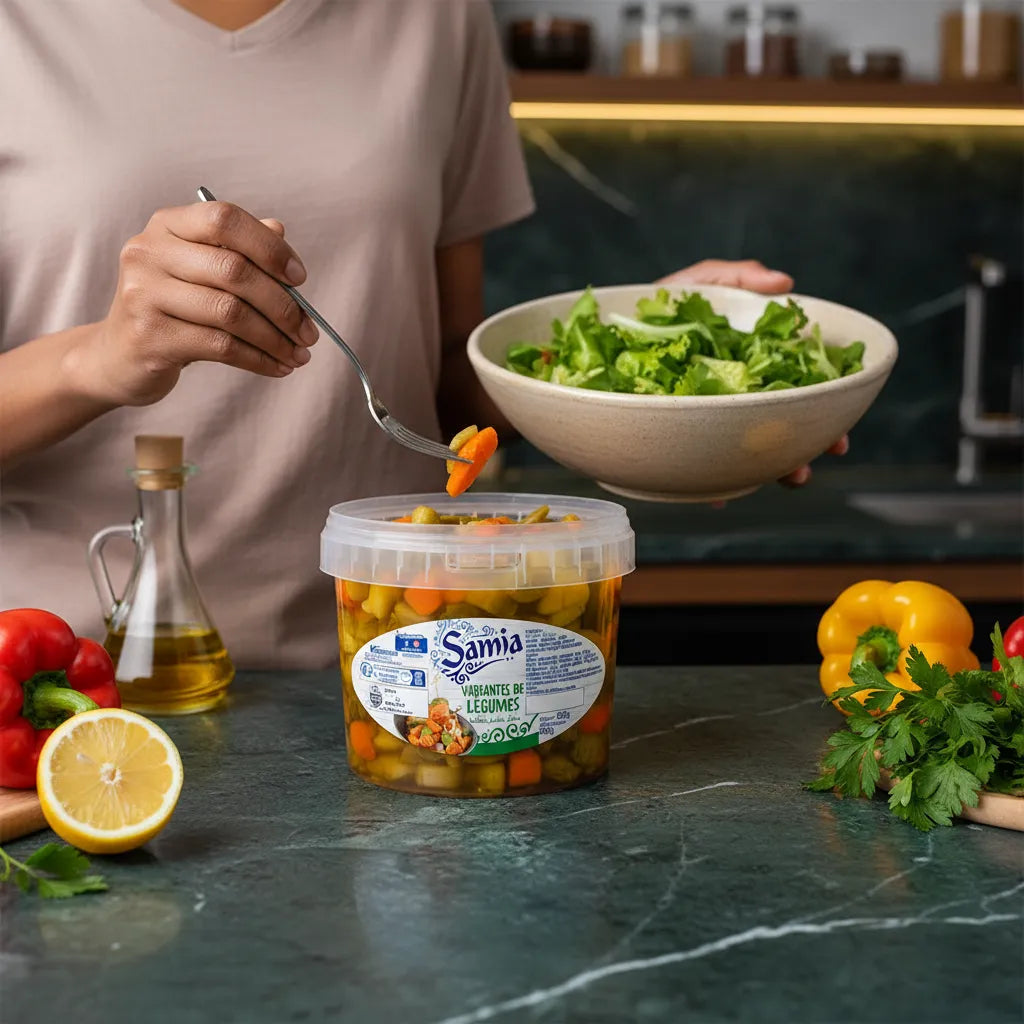 Préparation d'une salade avec variantes de légumes SAMIA, légumes marinés pratiques pour cuisine rapide et saine.